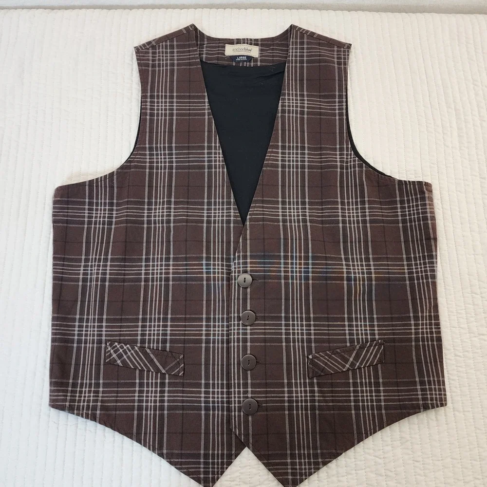Anchor Blue Plaid Vest Men Large Brown‎ Classic Button Front Grunge Thrift-core